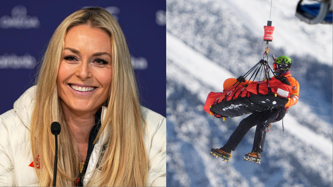 La stella dello sci Lindsey Vonn, a destra i soccorsi in elicottero dopo la caduta a Cortina