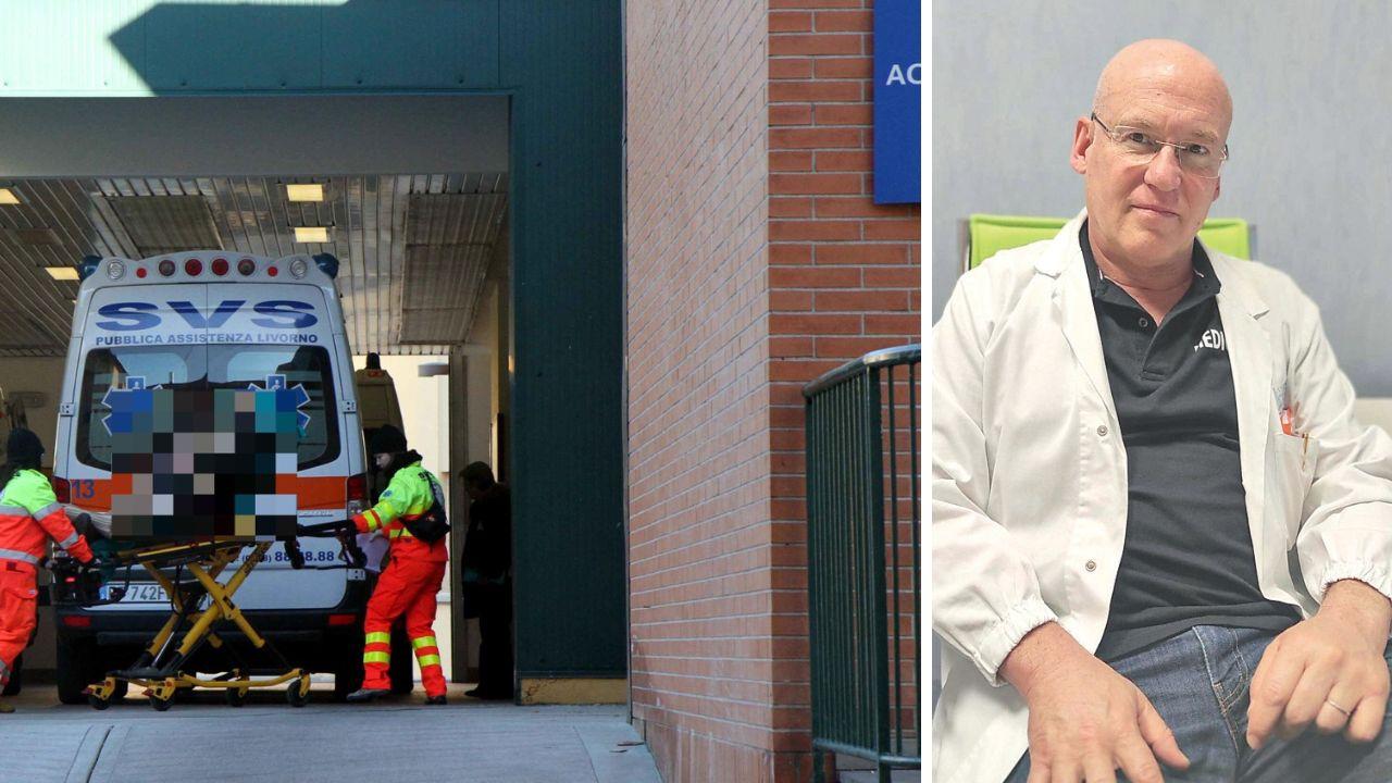 Un'ambulanza all'ingresso del pronto soccorso di Livorno e il primario, Luca Dallatomasina 