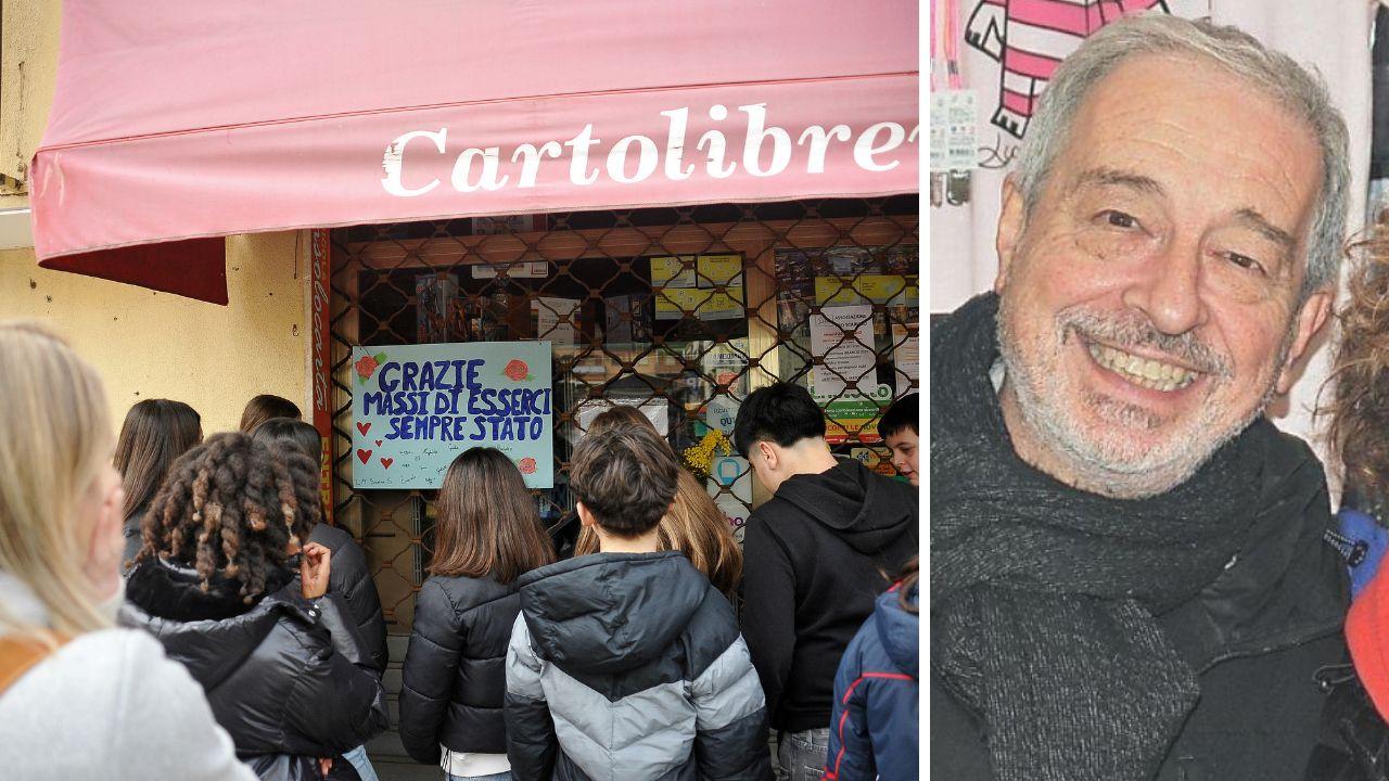Il cartello dei bambini dedicato alla vittima, l'edicolante Massimo Barcelli