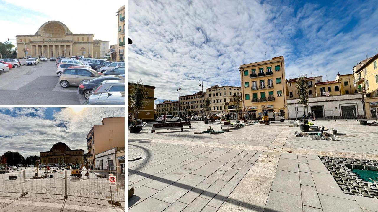 
	Sopra e sotto la piazza com&rsquo;era prima dei lavori e come &egrave; ora, a dx&nbsp;il cantiere davanti alla chiesa di Sant&rsquo;Andrea (Foto Stick)

