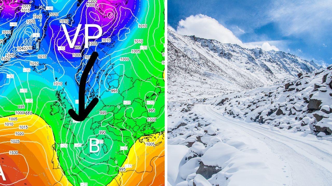 A sinistra il freddo in arrivo nell'elaborazione grafica del Centro Meteo Toscana 