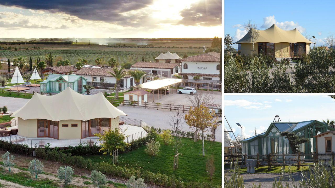 Una veduta dall’alto del glamping e nelle foto di Agenzia Bf alcuni particolari della struttura