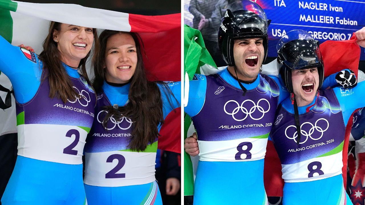 La gioia degli atleti azzurri per la vittoria dell'oro nello slittino doppio femminile e maschile