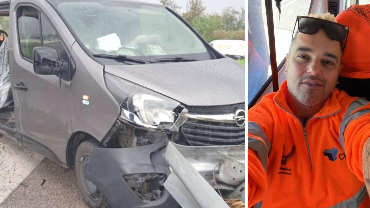 Il furgone dopo l'incidente e Thomas Friscia