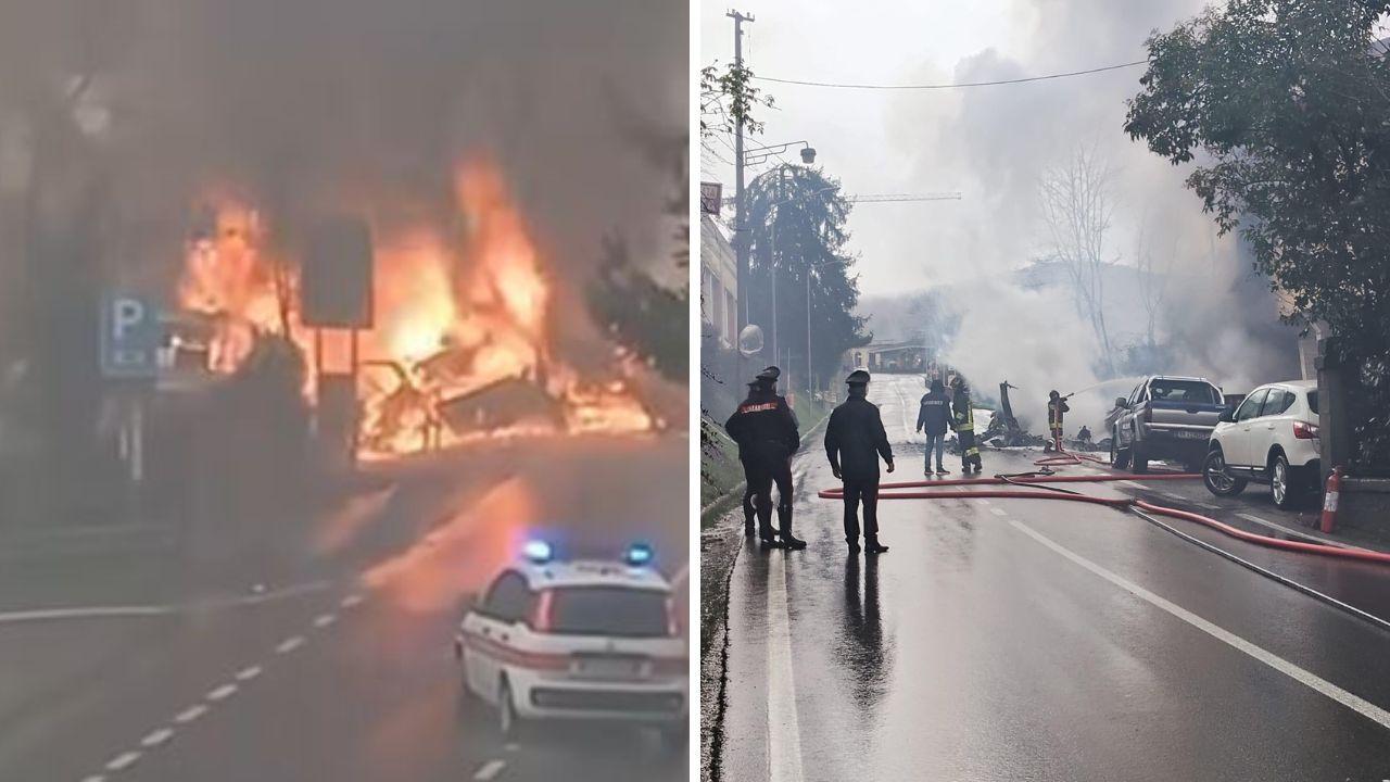 Il mezzo distrutto dalle fiamme dopo l'esplosione