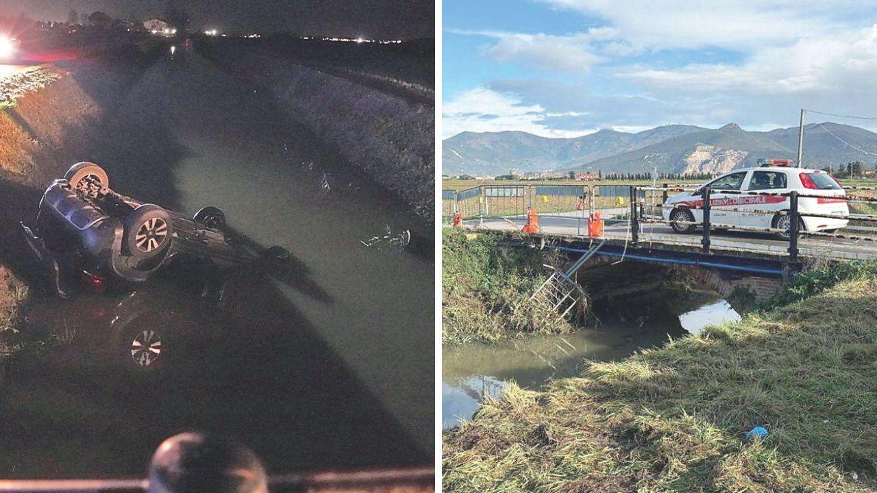 
	L'auto finita nel fossato e il ponte dove &egrave; avvenuto l'incidente (foto Stick)

