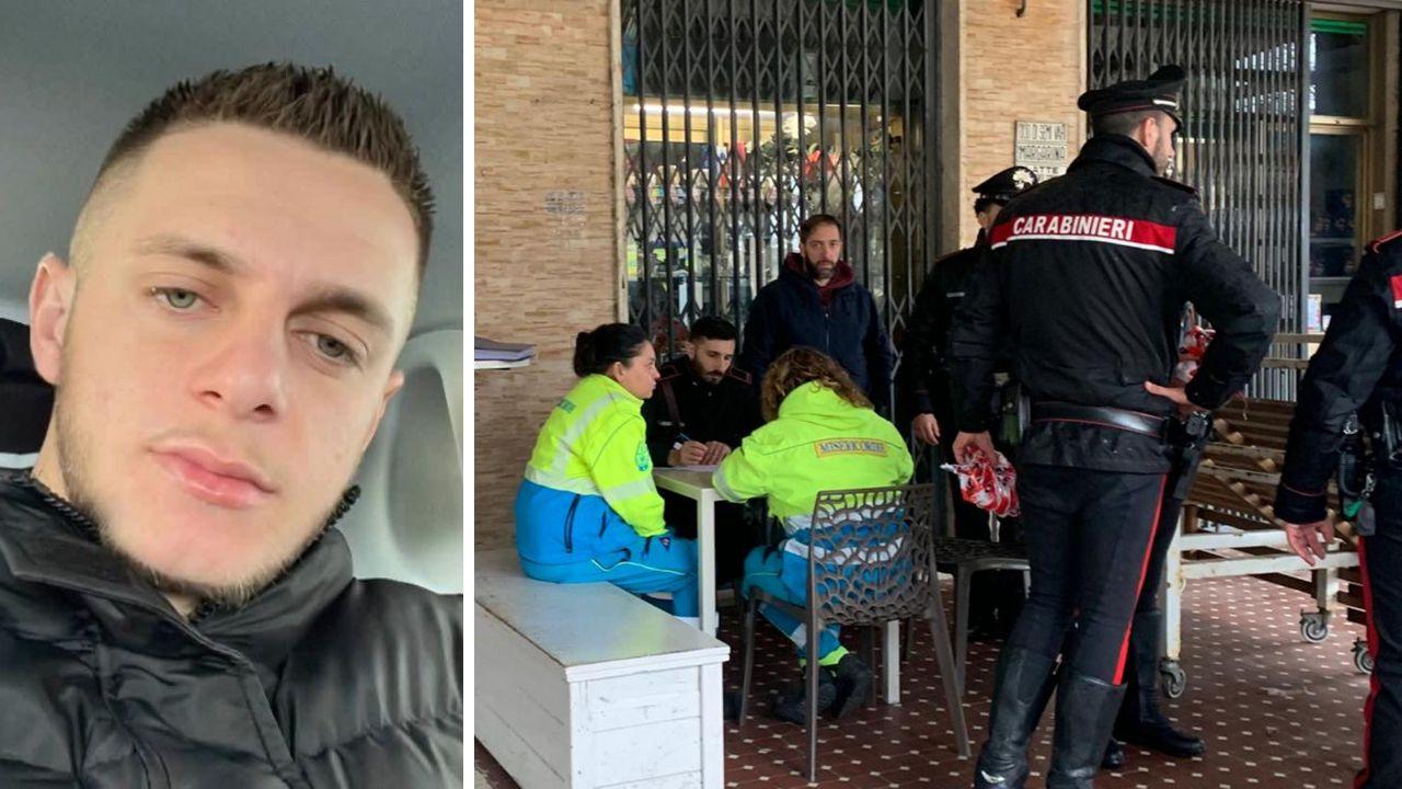 I carabinieri sentono i primi soccorritori e altre persone intervenute sulla scena del delitto (Foto Stick), a sx la vittima Kevin Muharremi