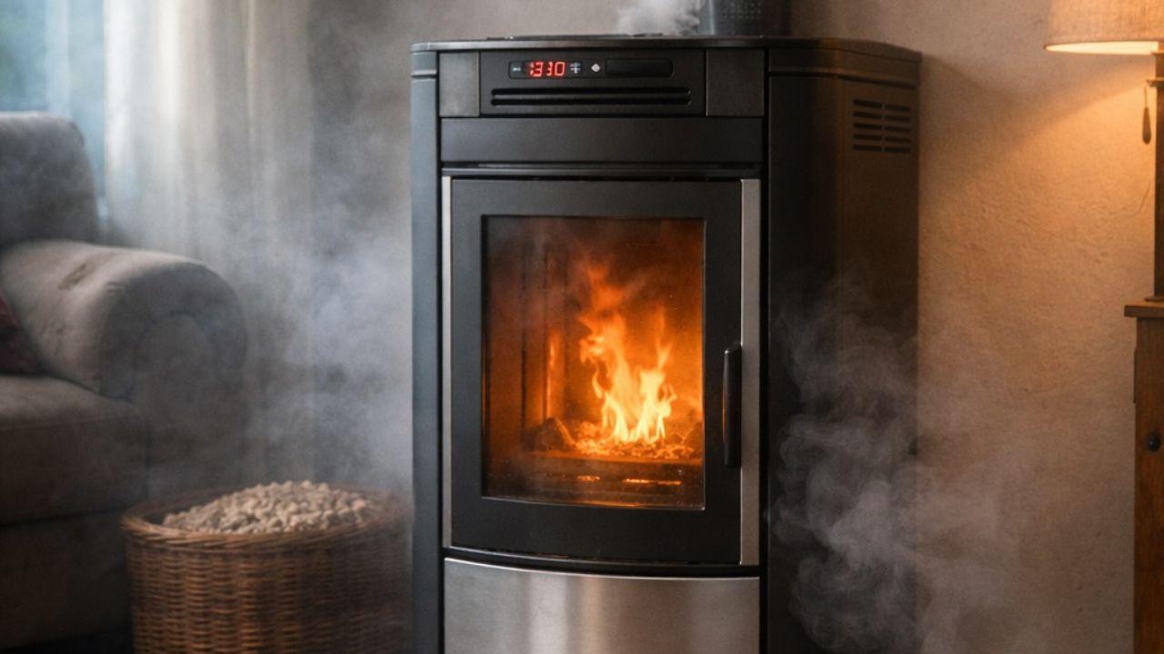 Stufa a pellet e fumo in casa (immagine creata con l’intelligenza artificiale)
