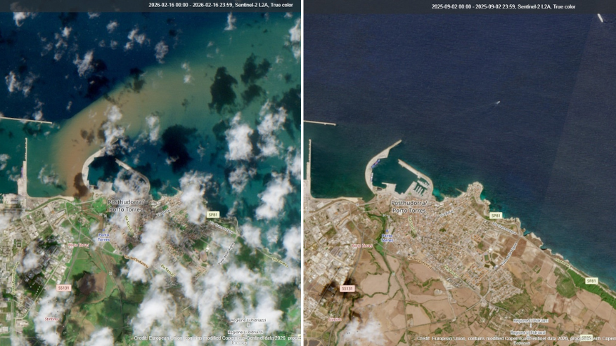 A sinistra Porto Torres e il rio Mannu dopo l'esondazione, a destra il centro turritano a settembre 2025