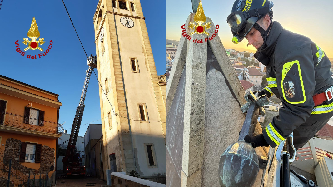 Rimossa la croce del campanile che rischiava di crollare sulla piazza della chiesa di san Pietro