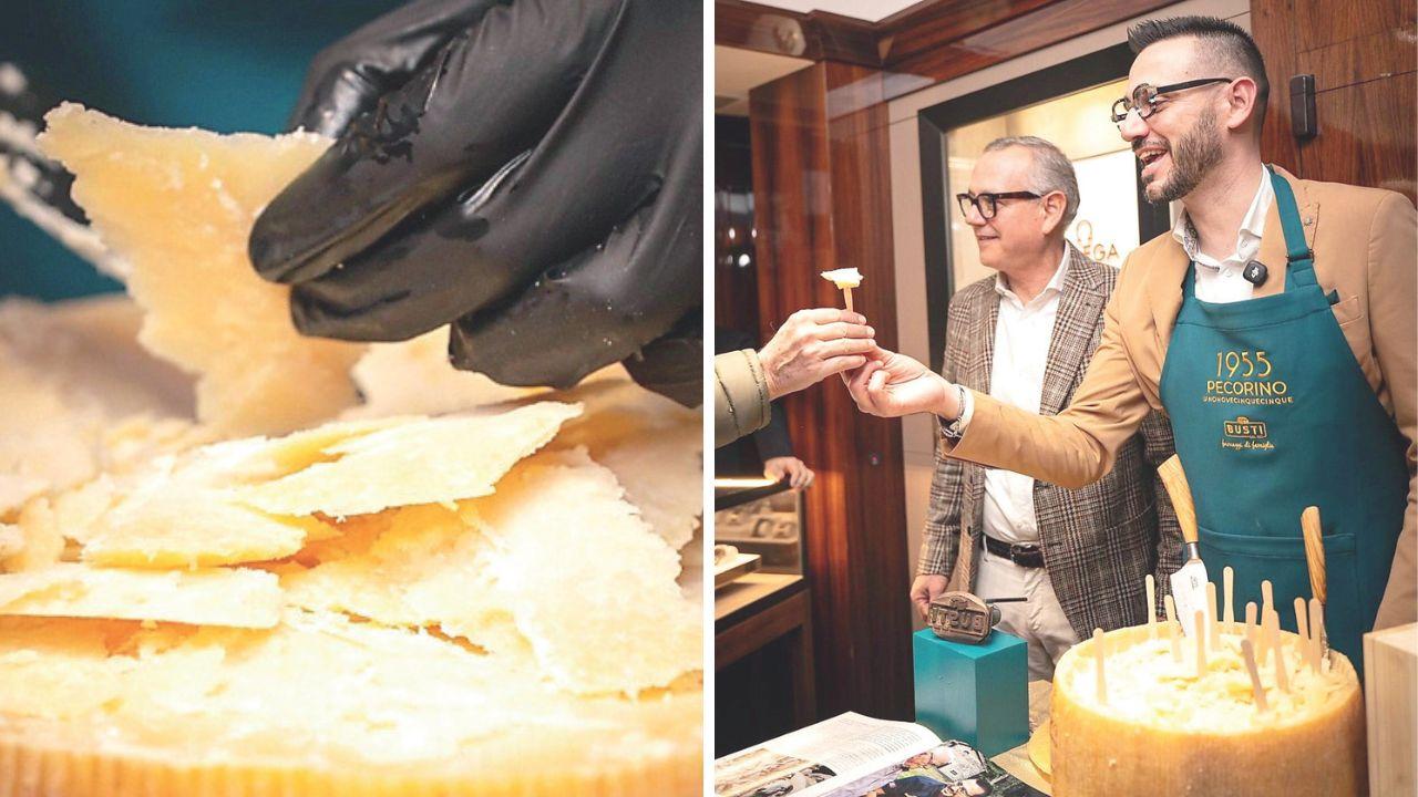 Stefano Busti con il figlio Marco durante la degustazione di presentazione del nuovo prodotto alla gioielleria “Cassetti” sul Ponte Vecchio a Firenze