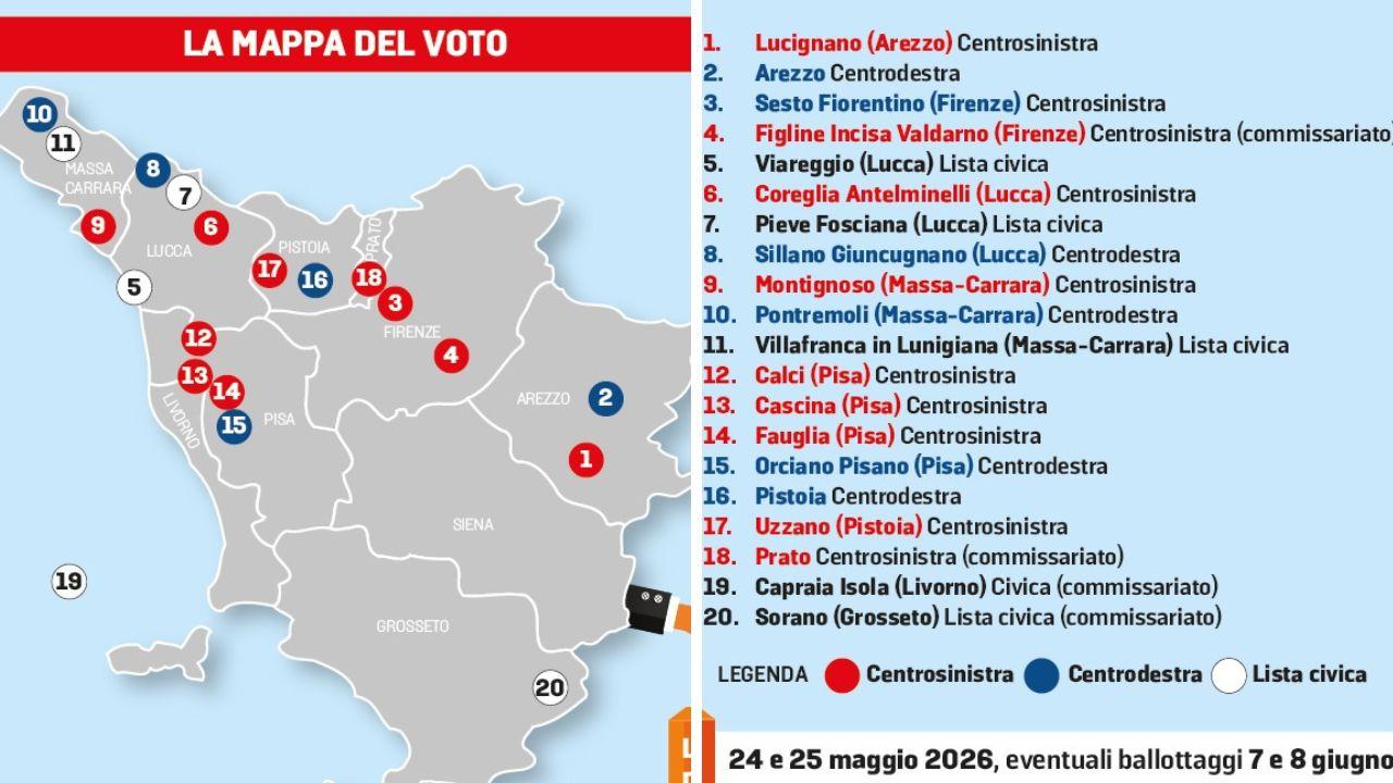 
	La mappa del voto in Toscana&nbsp;

