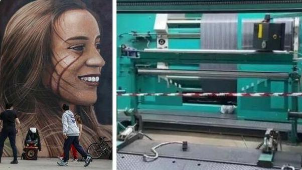 A sinista un murale con l'immagine di Luana, a destra l'orditoio sequestrato