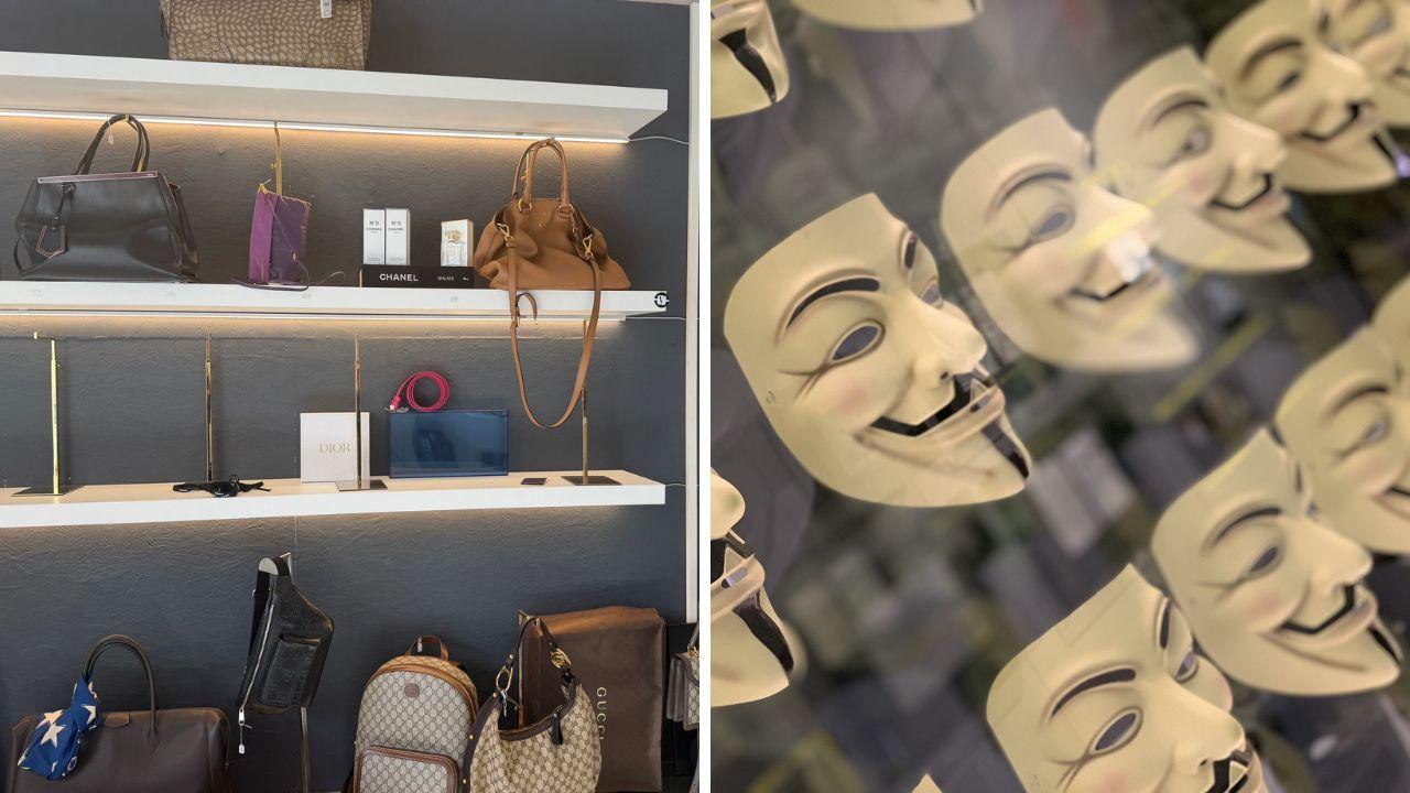 Il negozio rapinato e la maschera usata dal rapinatore