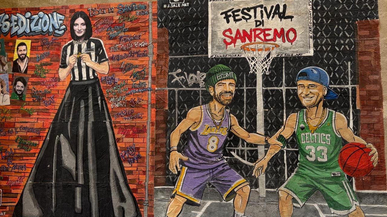 Sanremo 2026, Carlo Conti gioca a basket con Can Yaman – il murale