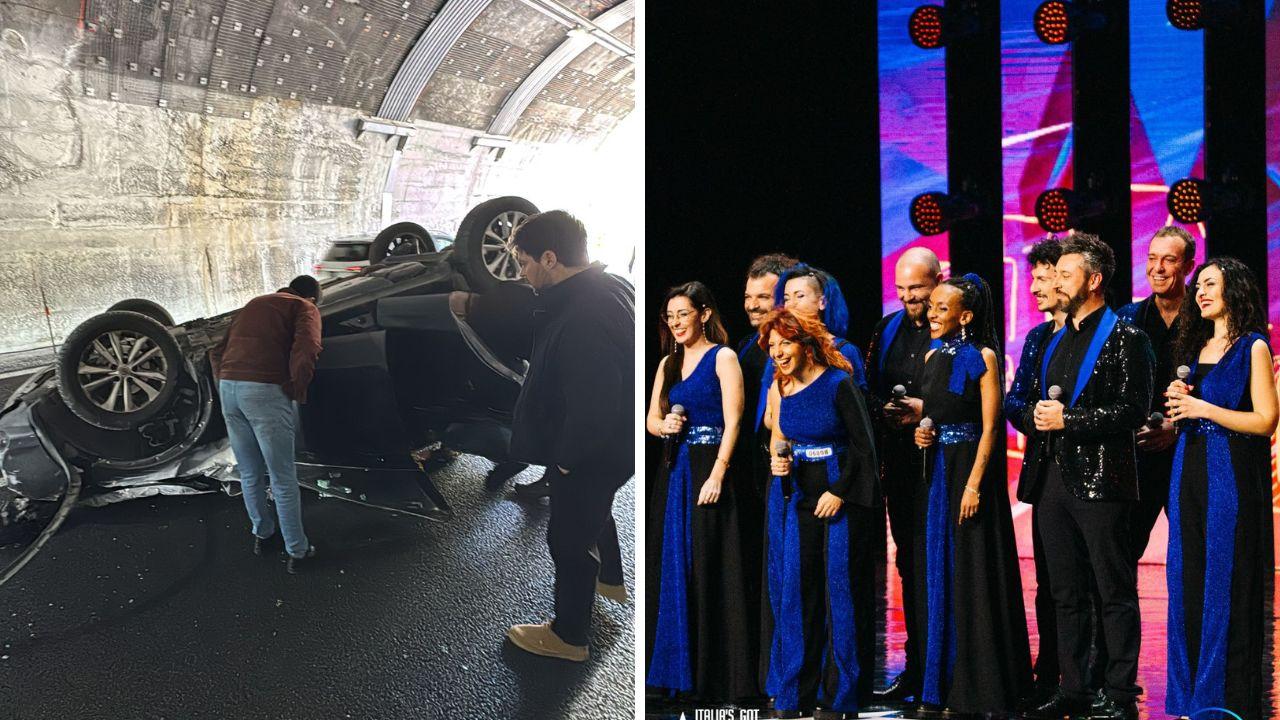 
	L'auto ribaltata e a destra gli Animeniacs

