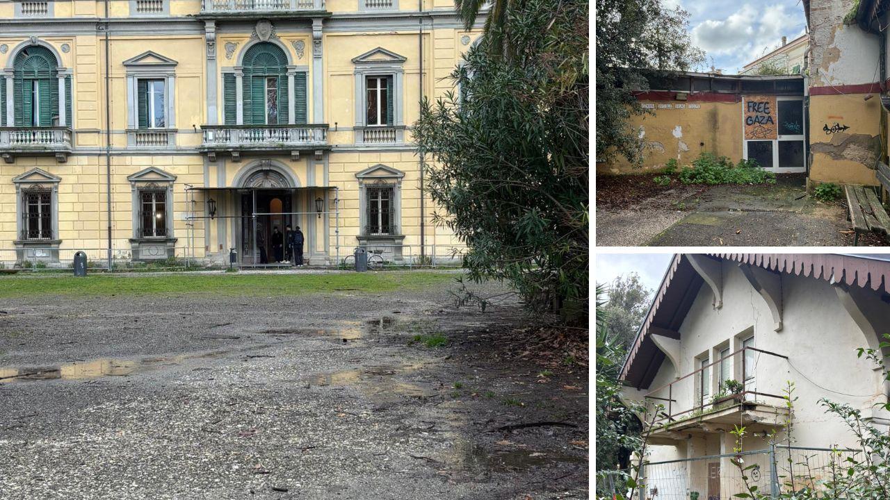 Villa Fabbricotti con transenne e impalcatura a protezione dell’ingresso, a dx l'ex casa del custode e una facciata del centro anziani