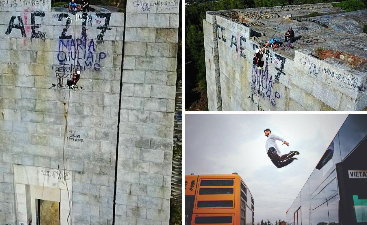 
	Michele Silvestri durante la scalata del monumento a Ciano del 2017 e in un'altra acrobazia urbana (foto Dario Marzi)

