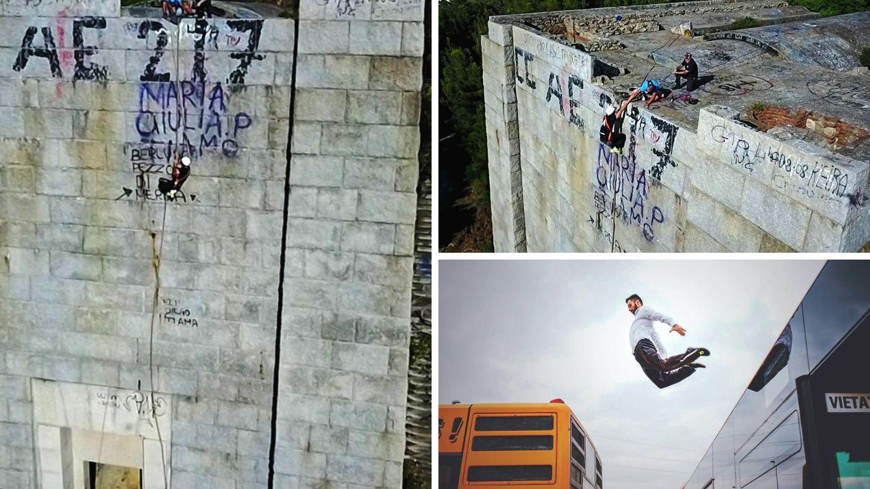 Michele Silvestri durante la scalata del monumento a Ciano del 2017 e in un'altra acrobazia urbana (foto Dario Marzi)