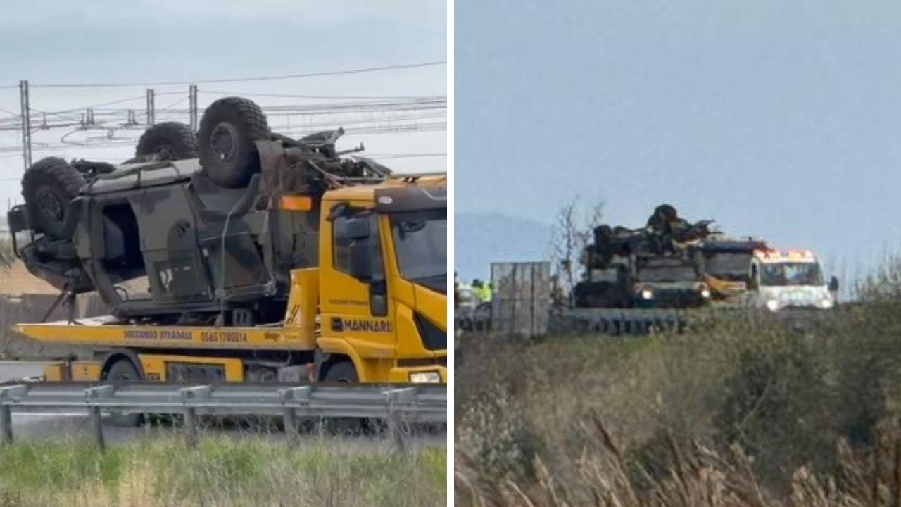 Il mezzo ribaltato e il luogo dell'incidente (Foto Manzini)