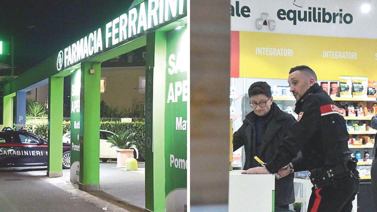 La farmacia e i rilievi dei carabinieri (foto Cuffaro)