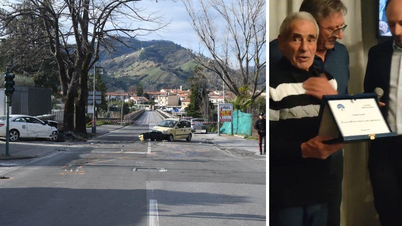 
	Lo scontro (foto Cuffaro); la vittima in prima fila a sinistra con una targa in mano

