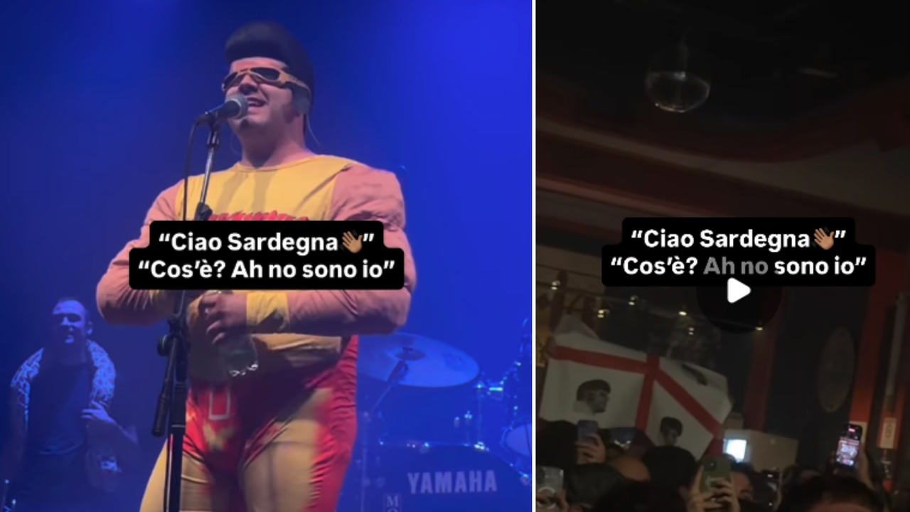 Al concerto di TonyPitony spunta la bandiera sarda ma qualcosa non va: al posto dei quattro mori c’è la sua faccia – VIDEO