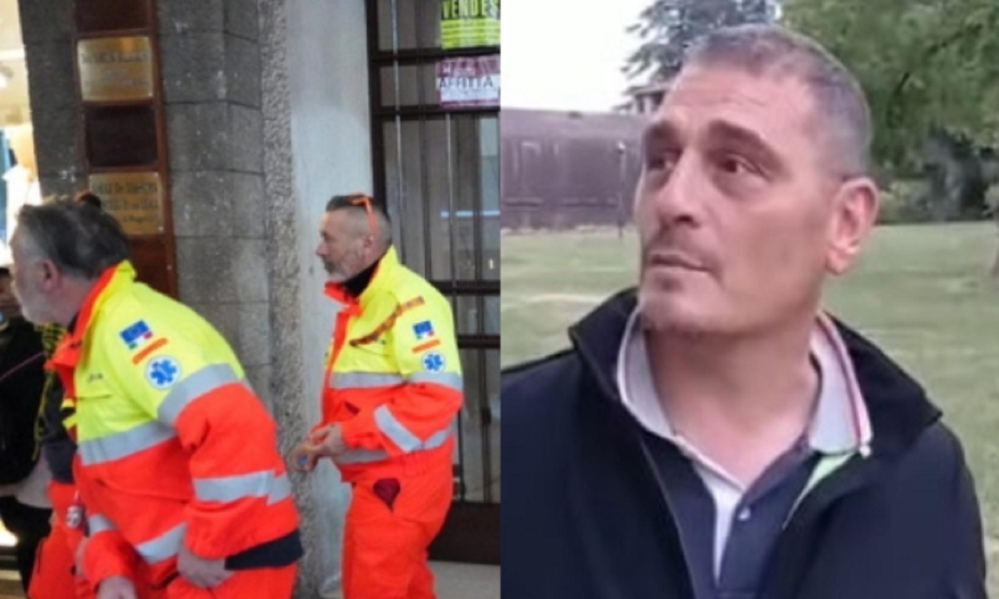 A sinistra i volontari della Svs sotto al palazzo, a destra Francesco Lassi