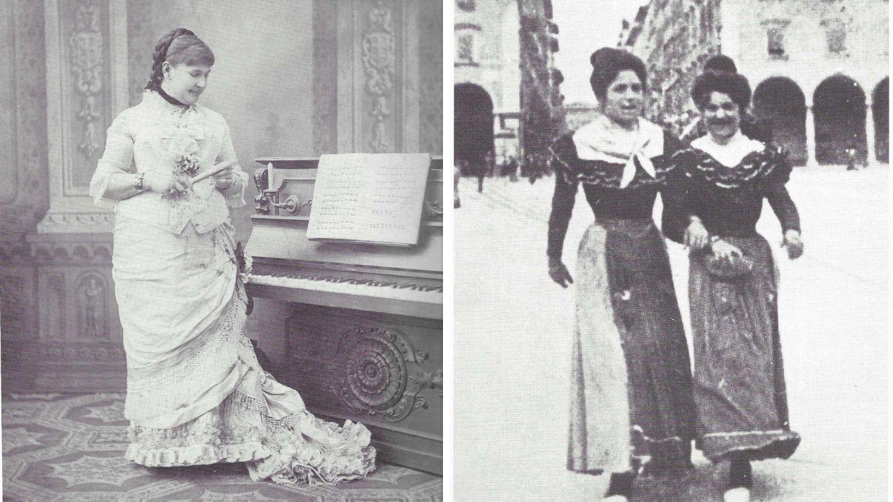 A sinistra Angiolina Ortolani Tiberini (collezione Ruiccardo Ciorli); a destra due giovani donne livornesi in una foto d'epoca della Biblioteca labronica