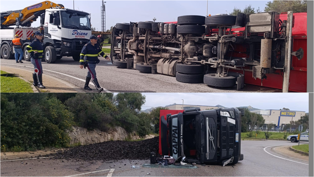 Olbia, perde il controllo dell’autocarro che si ribalta nella rotatoria