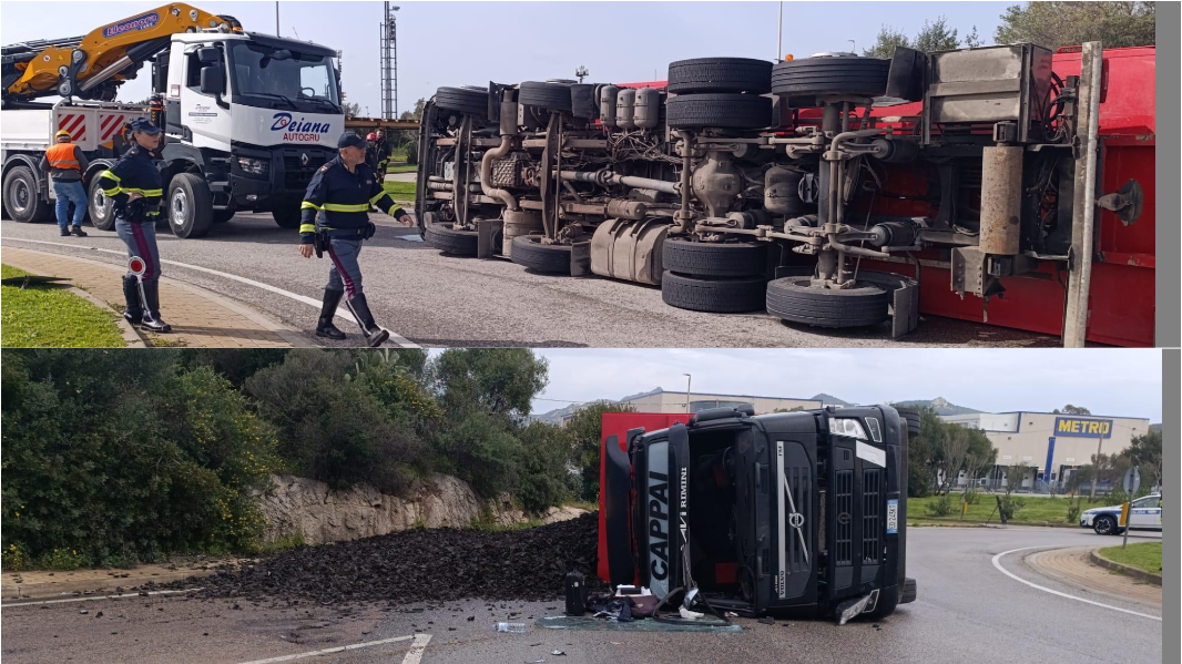 Olbia, perde il controllo dell’autocarro che si ribalta nella rotatoria
