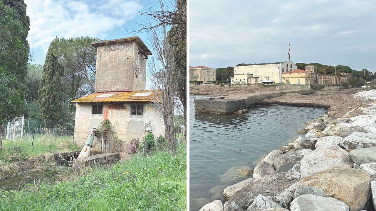 Le pompe e la foce del fosso Bucaccia con le alghe che impediscono l’ingresso dell’acqua in mare (foto Falorni/ Stick)