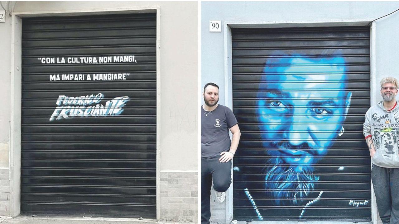 A sx una saracinesca decorata con una frase suggerita dalla moglie di Frusciante, a dx Coppola e Ninjart davanti al murale