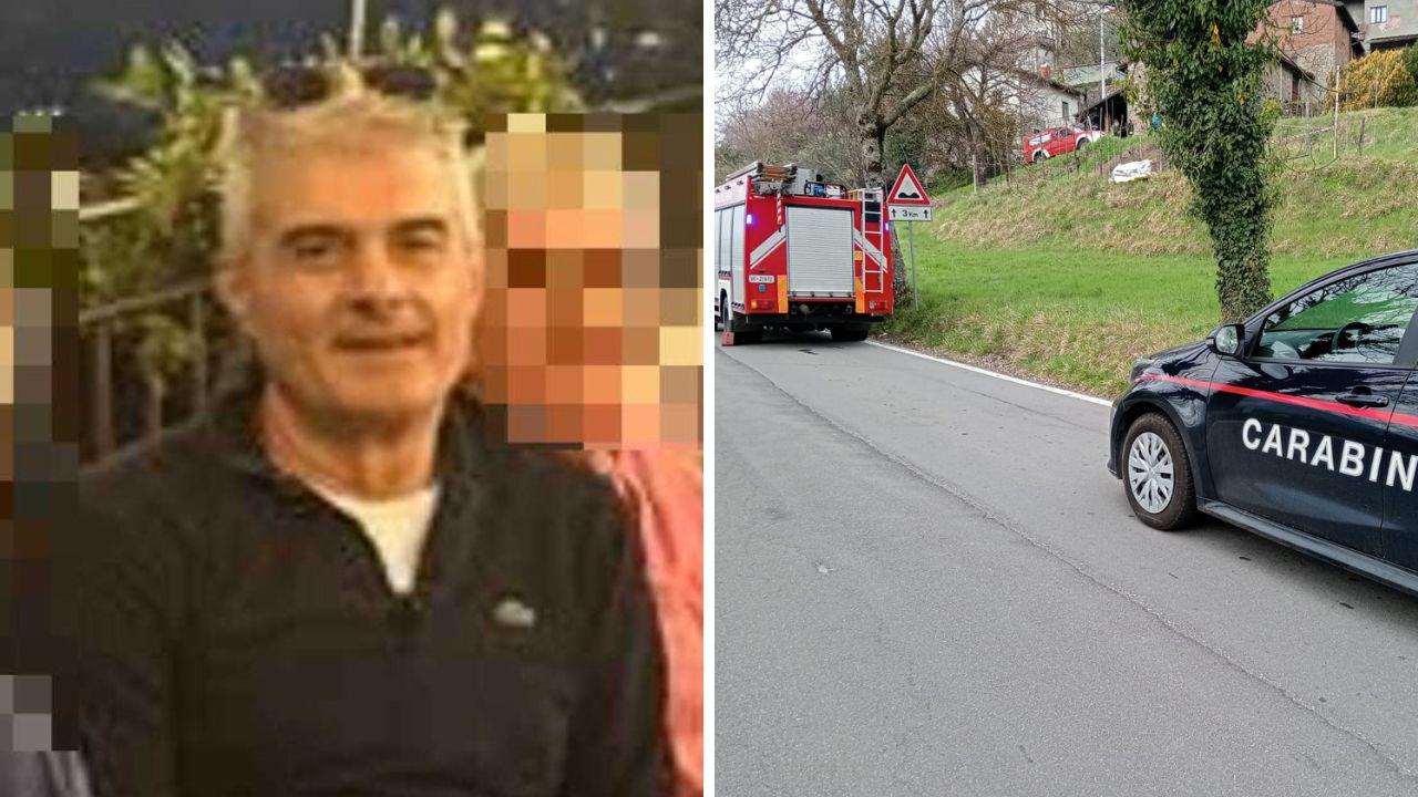 La vittima, Franco Martinelli, a dx vigili del fuoco e carabinieri sul luogo della tragedia