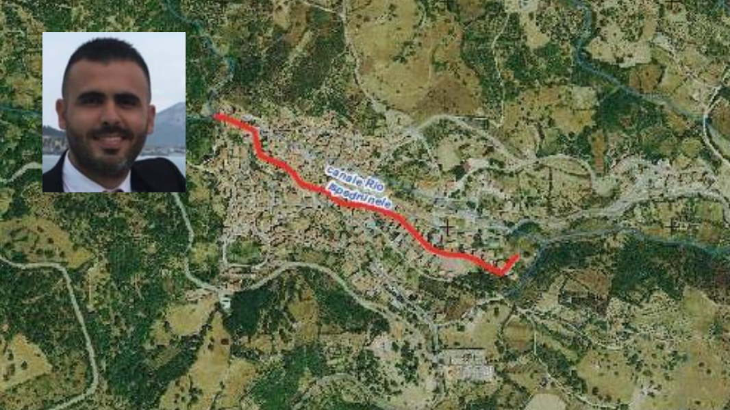 Il canale tombato che scorre sotto il centro abitato, nel riquadro il sindaco di Bultei Daniele Arca