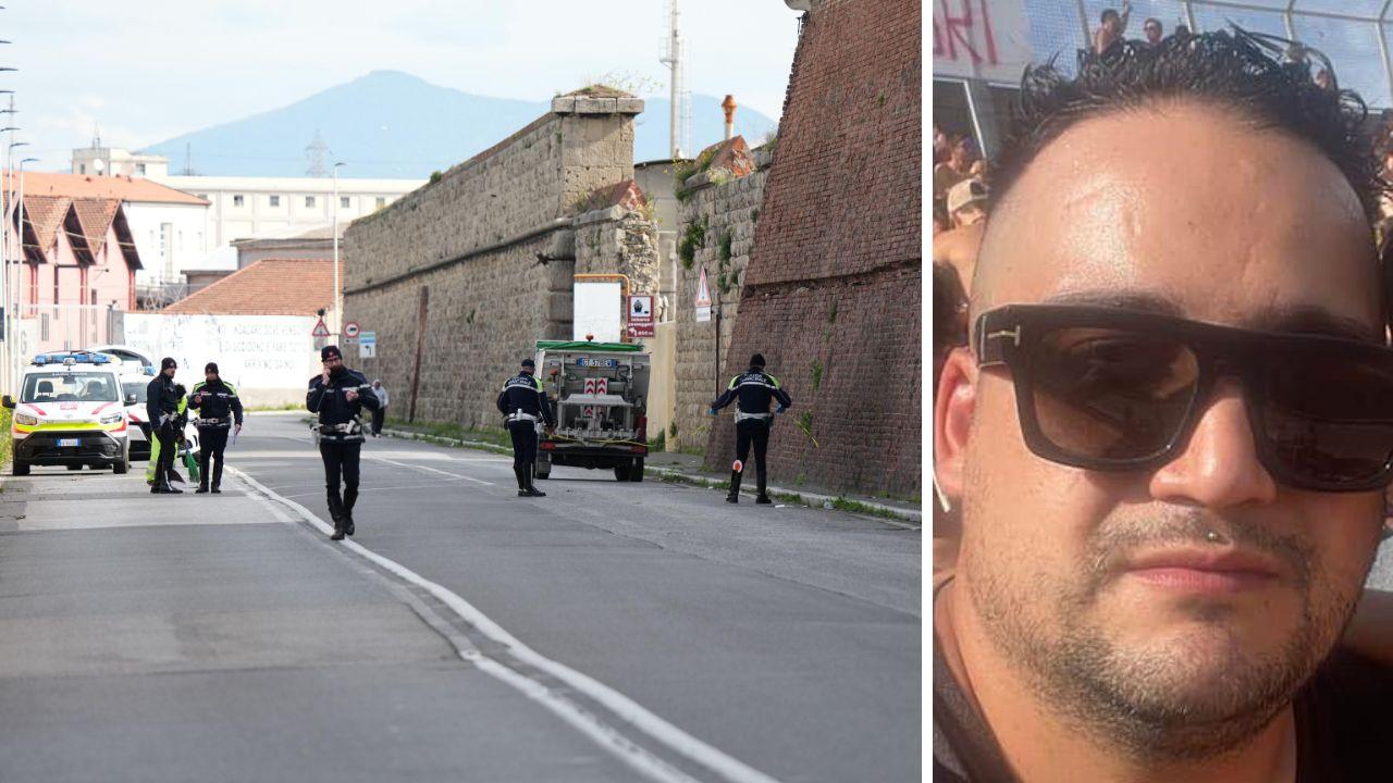 La pattuglia della polizia municipale sul luogo dell'incidente (foto Stick) e la vittima Hugo Emanuel Pereira Ferreira (foto Facebook)