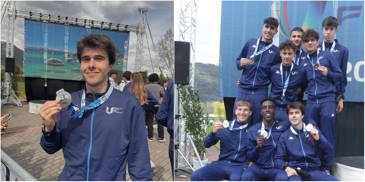 Mattia Marazzoli (Cus MoRe) con l’argento vinto a Cassino e con la squadra azzurra