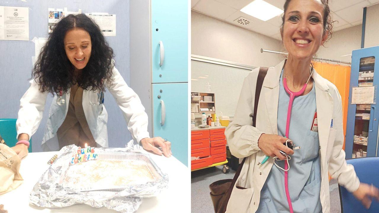 A sx la dottoressa Silvia De Domenico e la sorpresa della torta in ospedale per il suo compleanno, a dx il medico a conclusione dell’ultimo turno al pronto soccorso dell’ospeda