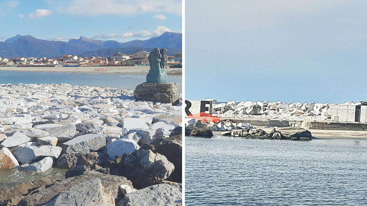 
	La statua &ldquo;L&rsquo;attesa&rdquo;, circondata dai massi, a dx&nbsp;il muraglione &ldquo;sfregiato&rdquo;

