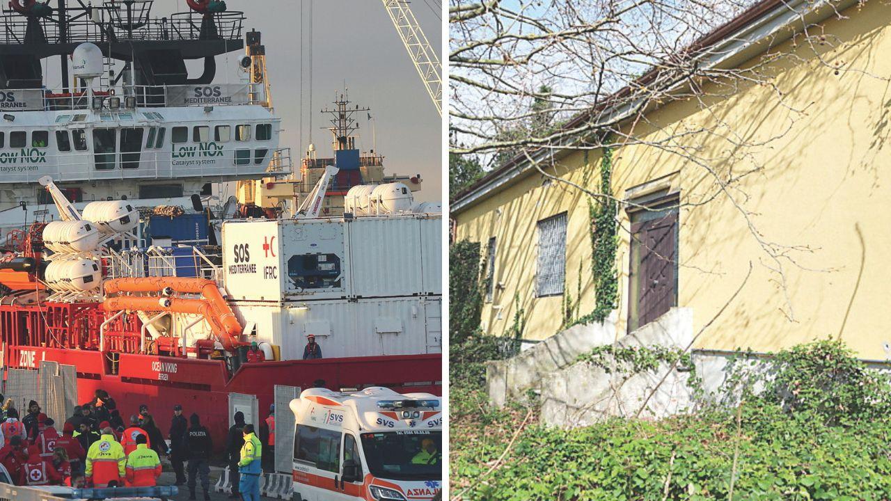 
	La nave Ocean Viking attraccata nel porto di Livorno, a dx&nbsp;l&rsquo;edificio vuoto al centro delle verifiche della prefettura, nella zona di Stagno (foto Stick)

