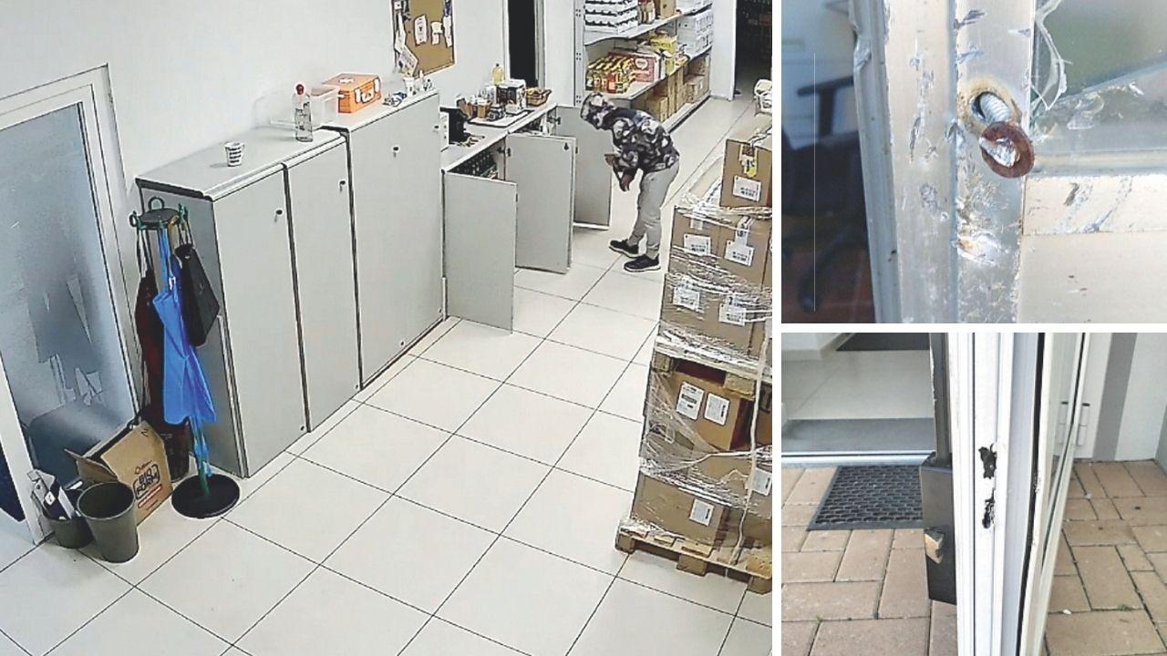 A sx uno dei ladri ripreso dalle telecamere, a dx una parte dei danni