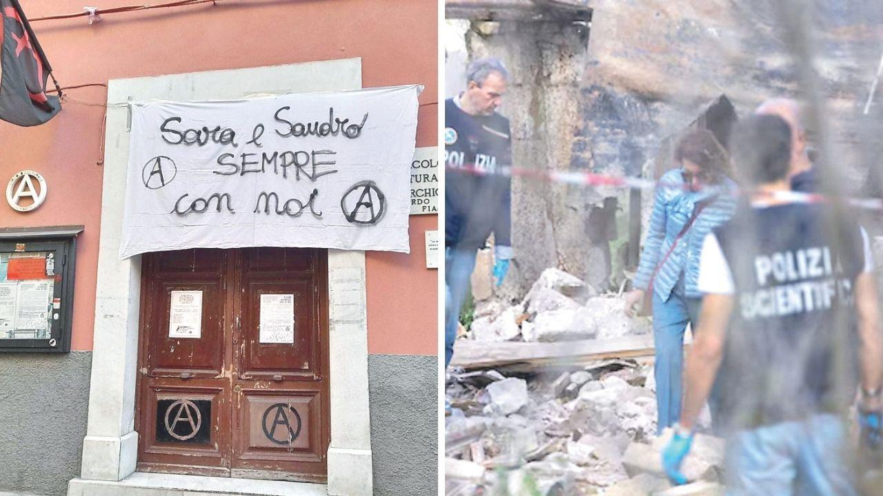 
	L'ingresso del circolo Gogliardo Fiaschi di via Ulivi con il messaggio degli anarchici per i militanti morti, a dx&nbsp;la polizia scientifica sul luogo dell&rsquo; esplosione a Capannelle di Roma

