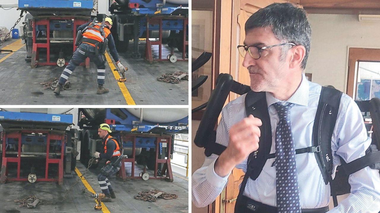 A sx Jonathan Mattei al rizzaggio con l’esoscheletro, a dx Gariglio (foto Stick)