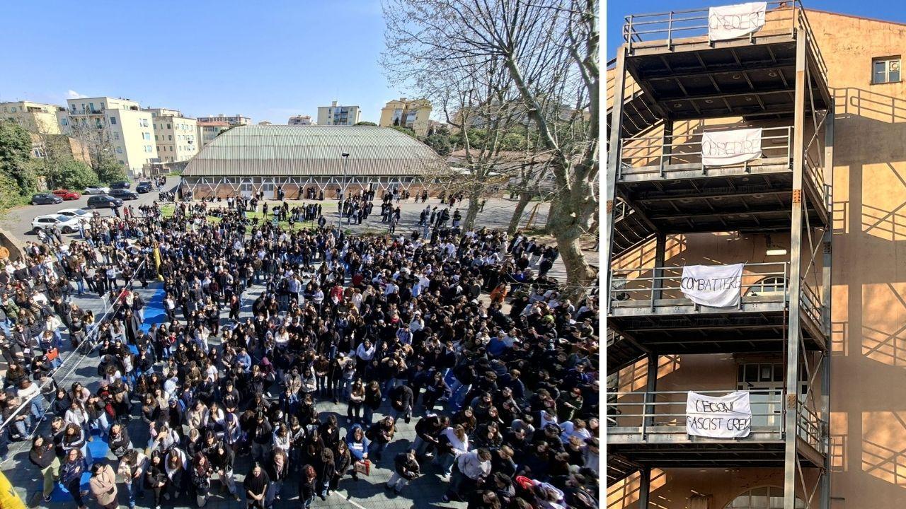 Gli striscioni al Cecioni e gli studenti nel cortile