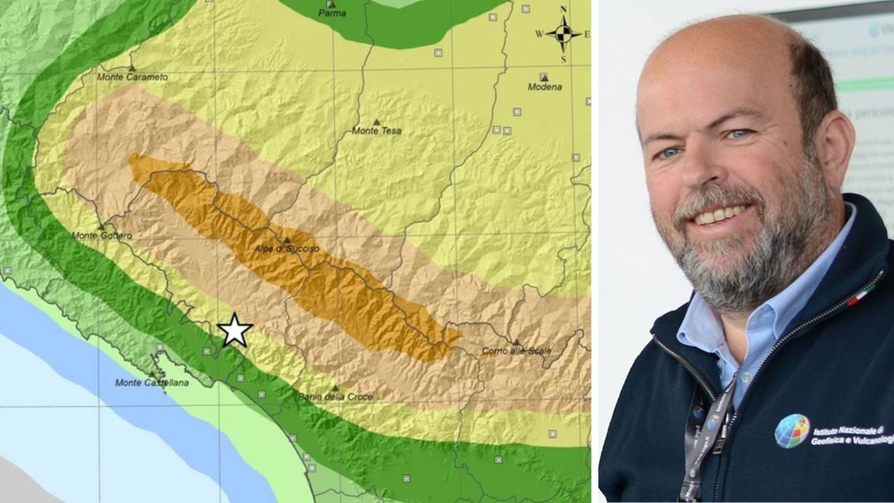 La mappa mostra il rischio sismico dell'area in cui si è originato il terremoto, a dx il geologo dell'Ingv Carlo Meletti