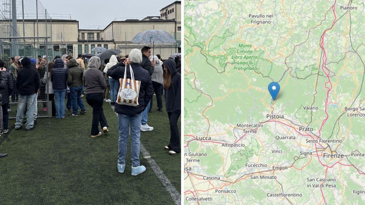 Gli studenti della scuola media Raffaello evacuati per il terremoto (foto Nucci). Nella mappa l'epicentro del sisma