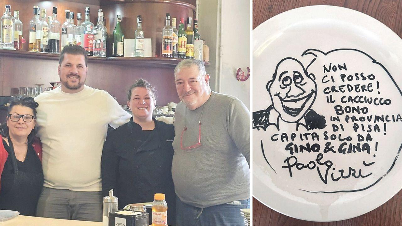 
	A sx Gino e Gina con i figli Enrico e Francesca, a dx&nbsp;la dedica di Paolo Virz&igrave; per il cacciucco &ldquo;bono&rdquo; in provincia di Pisa

