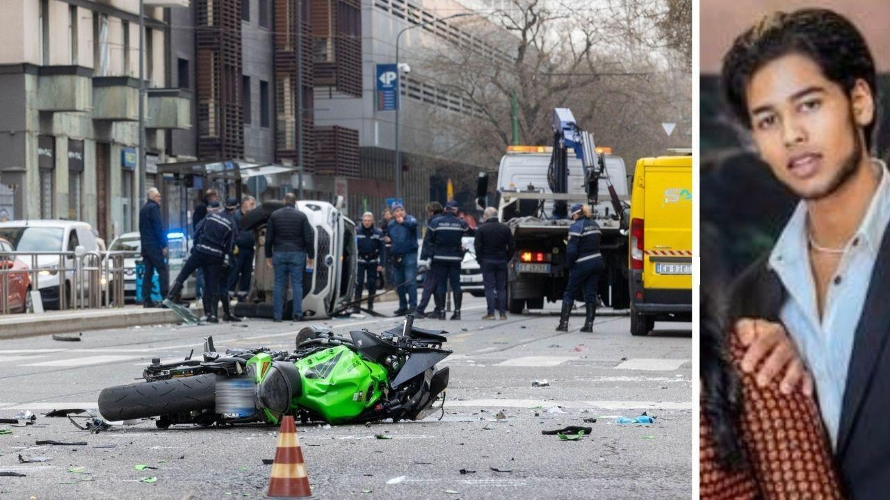 La moto dopo l'impatto con un taxi e la vittima Mithum Sandeepa Perera Kuranage