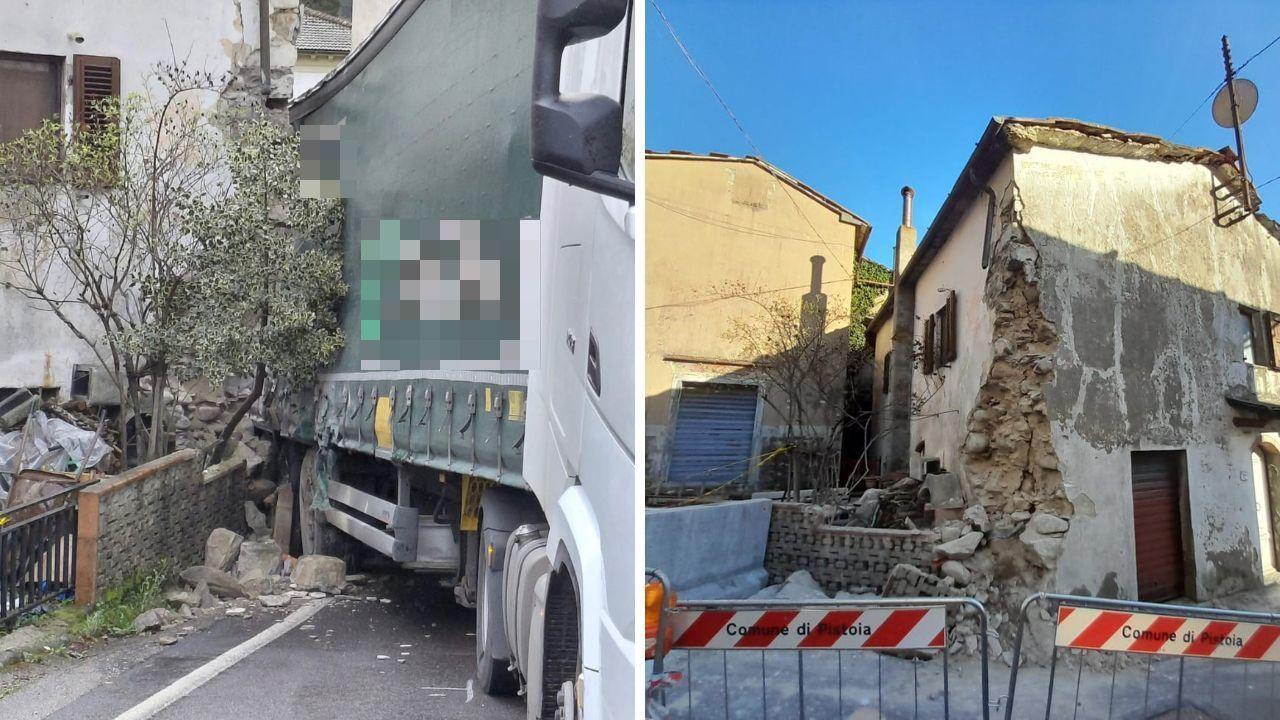 Il camion fa la curva, rimane incastrato e colpisce una casa: caos nel paese toscano