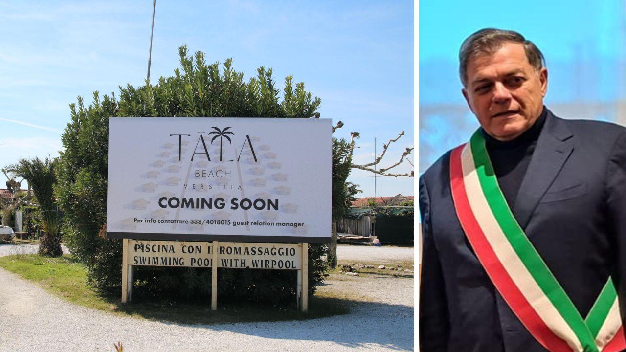 Il cartello del Tata Beach e il sindaco di Pietrasanta